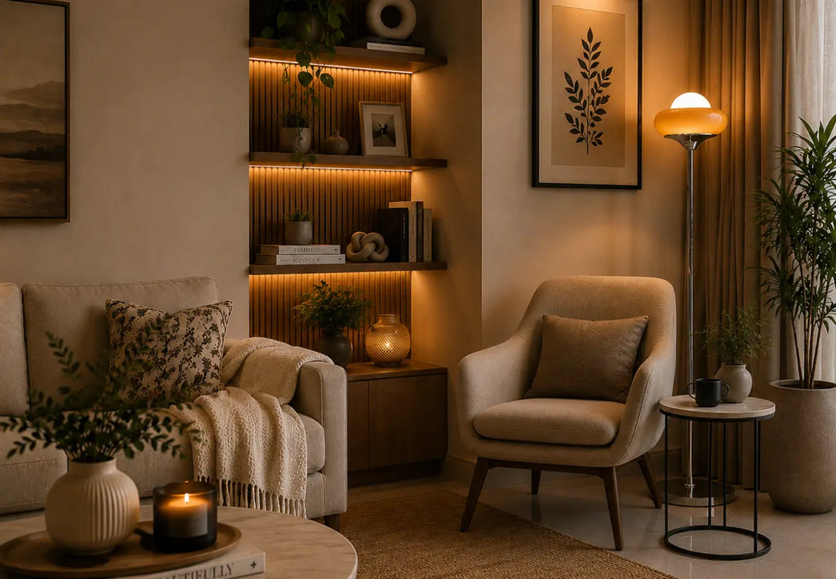 Cozy living room corner with floor lamp, accent chair and indoor plants