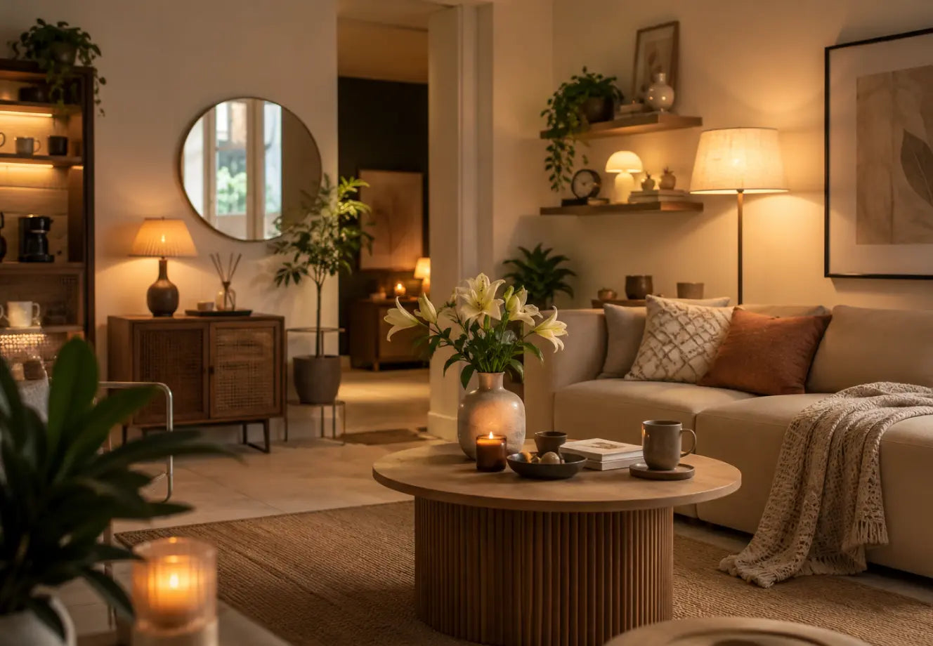 Modern home decor living room with warm lighting and natural textures