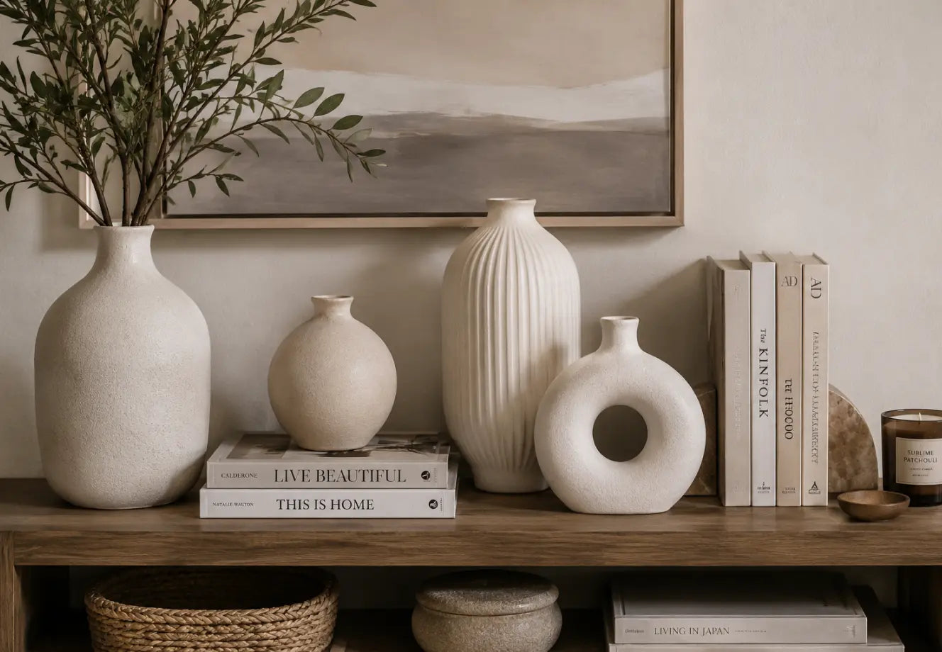Modern shelf decor with ceramic vases 