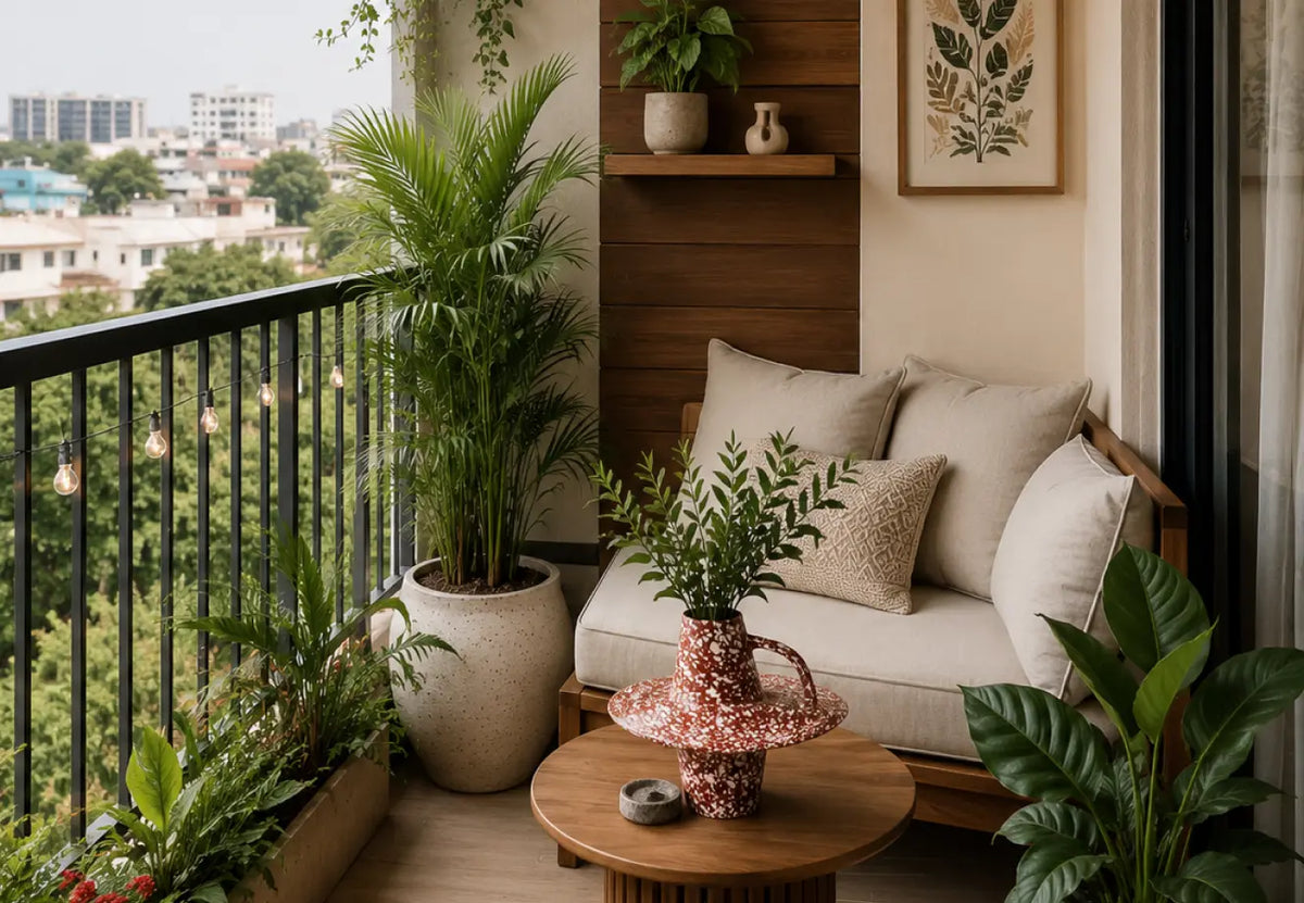 Small balcony decor with indoor plants, ceramic vase and cozy seating