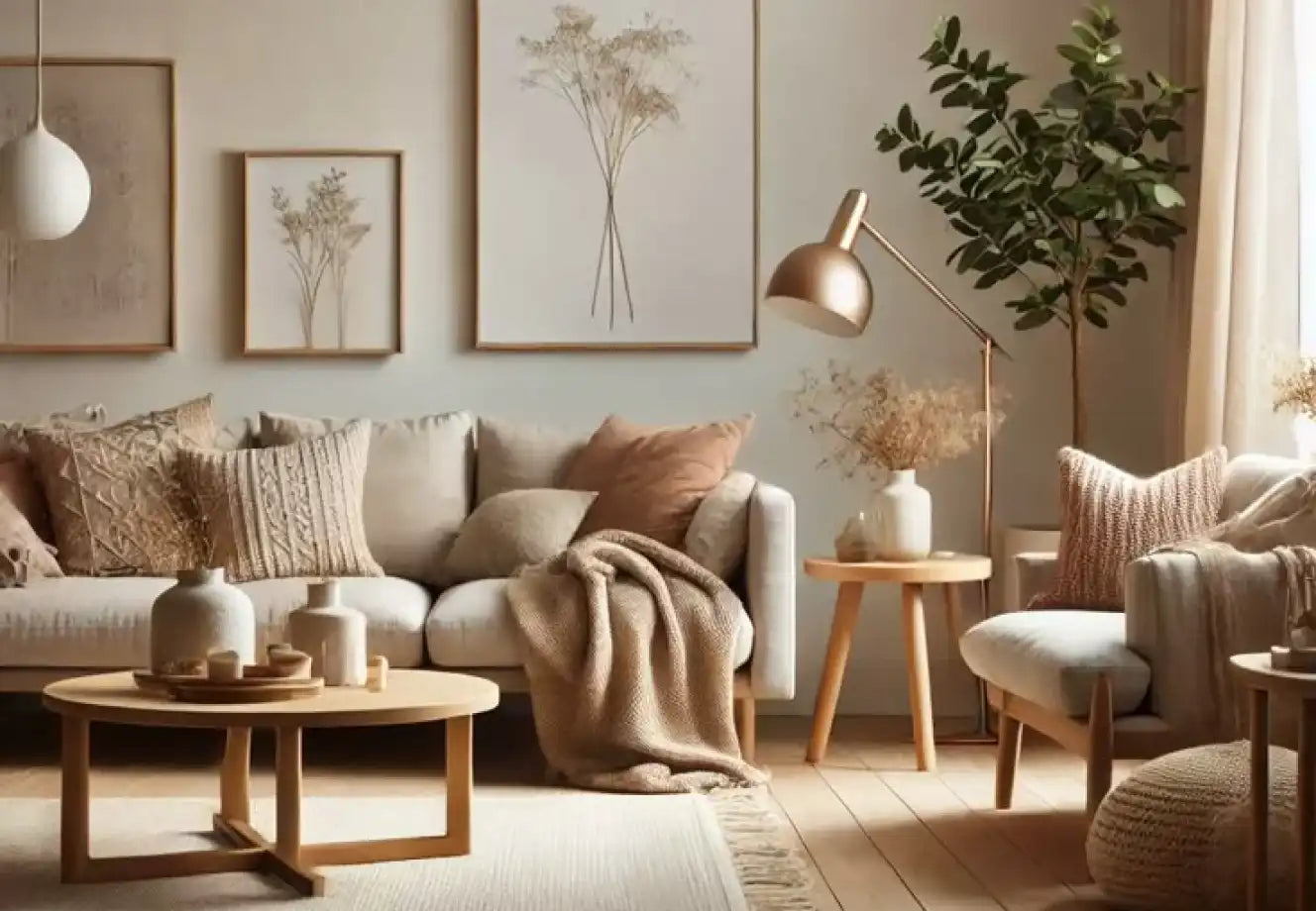 Modern living room with cozy neutral decor, textured cushions, wooden furniture, and warm lighting for a calm, stylish 2025 interior.
