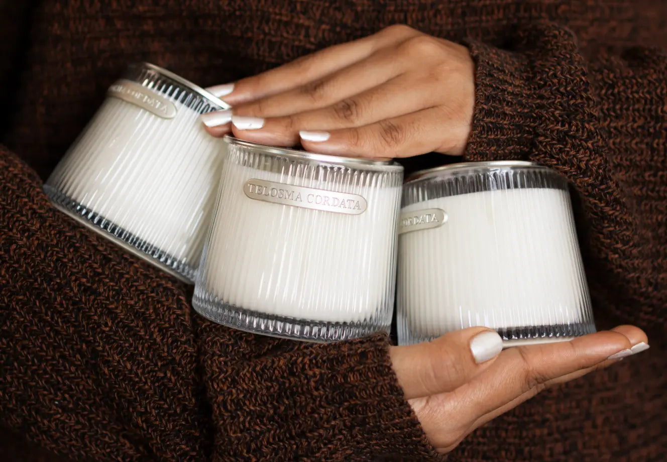 Telosma Cordata glass candles held in cozy hands, perfect for home fragrance and relaxing ambience.