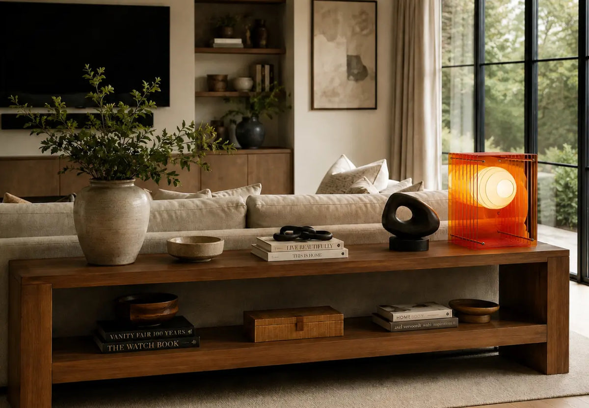 Modern console table decor with vase, books and orange table lamp