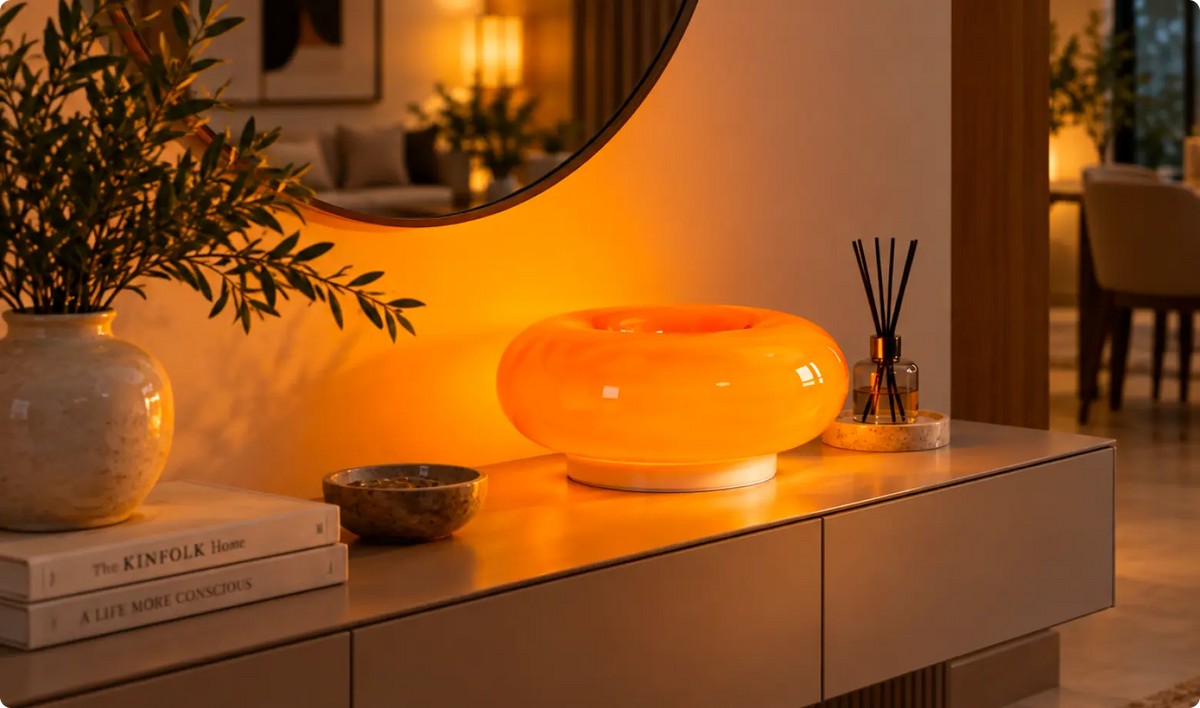 Orange donut glass lamp glowing in a modern living room