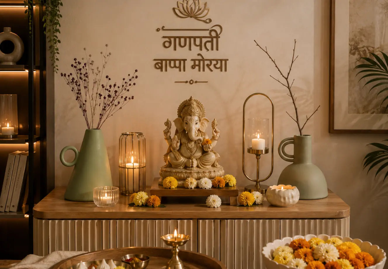 Ganesh Chaturthi decoration at home with Ganesha idol, flowers and vases