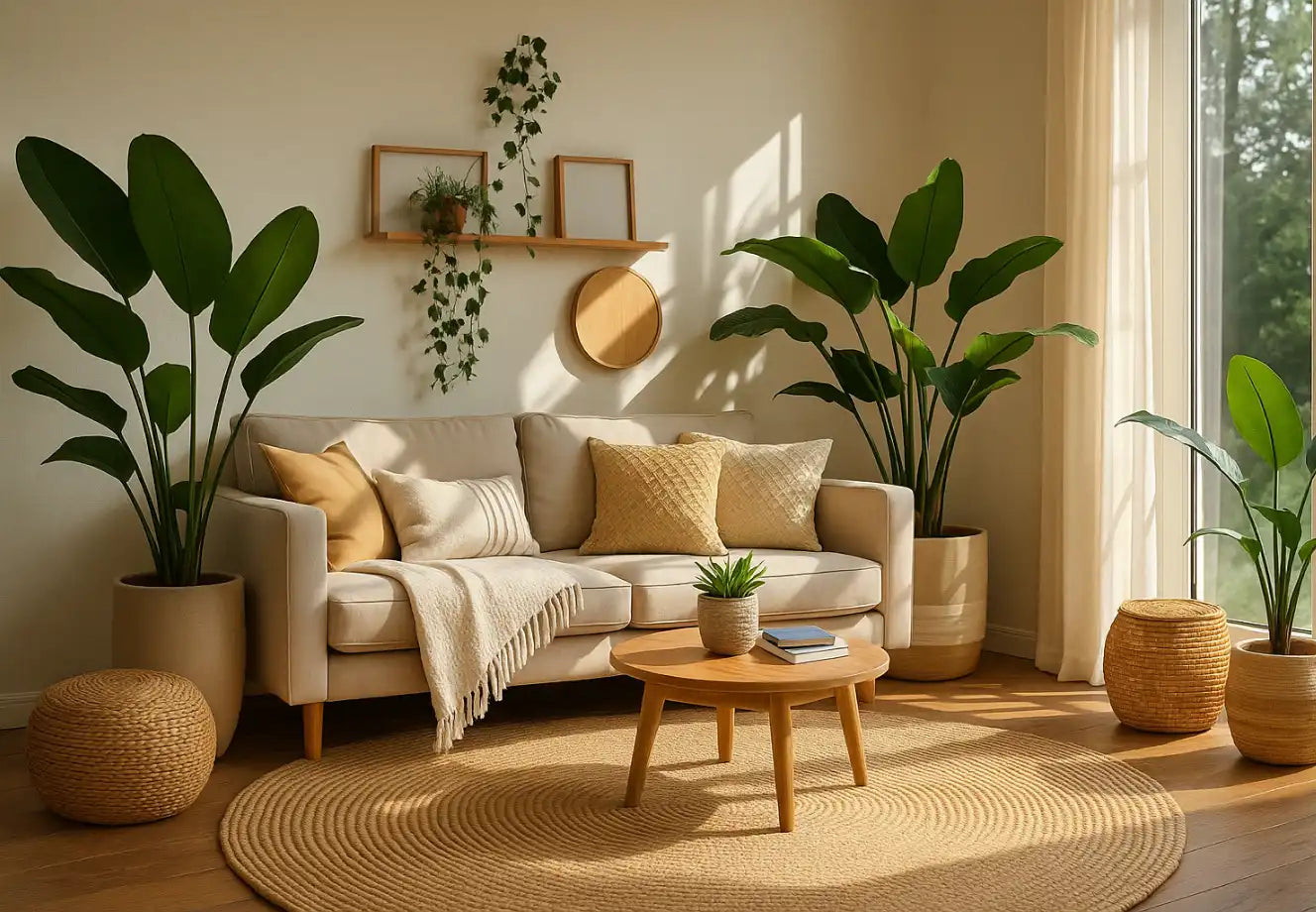 Sunlit living room with neutral sofa, indoor plants, and aesthetic home decor