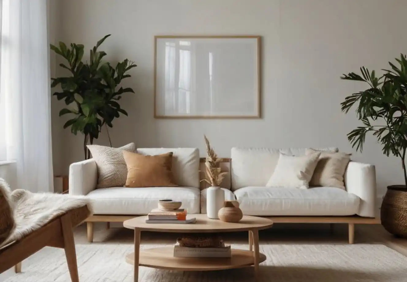 Modern living room with balanced furniture placement, soft lighting, and timeless home decor