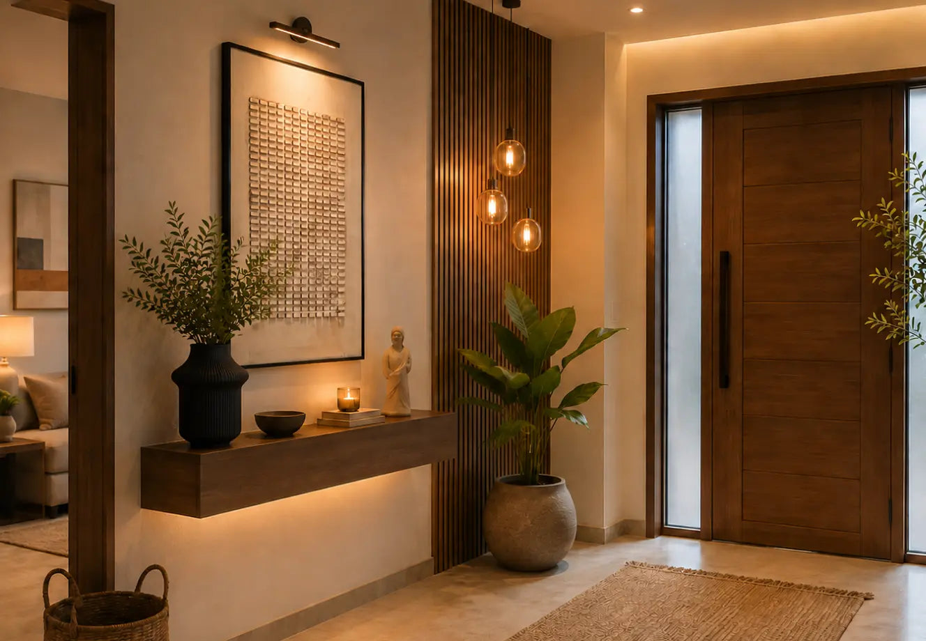 Modern entryway decor with floating console, wall art, plants and warm lighting