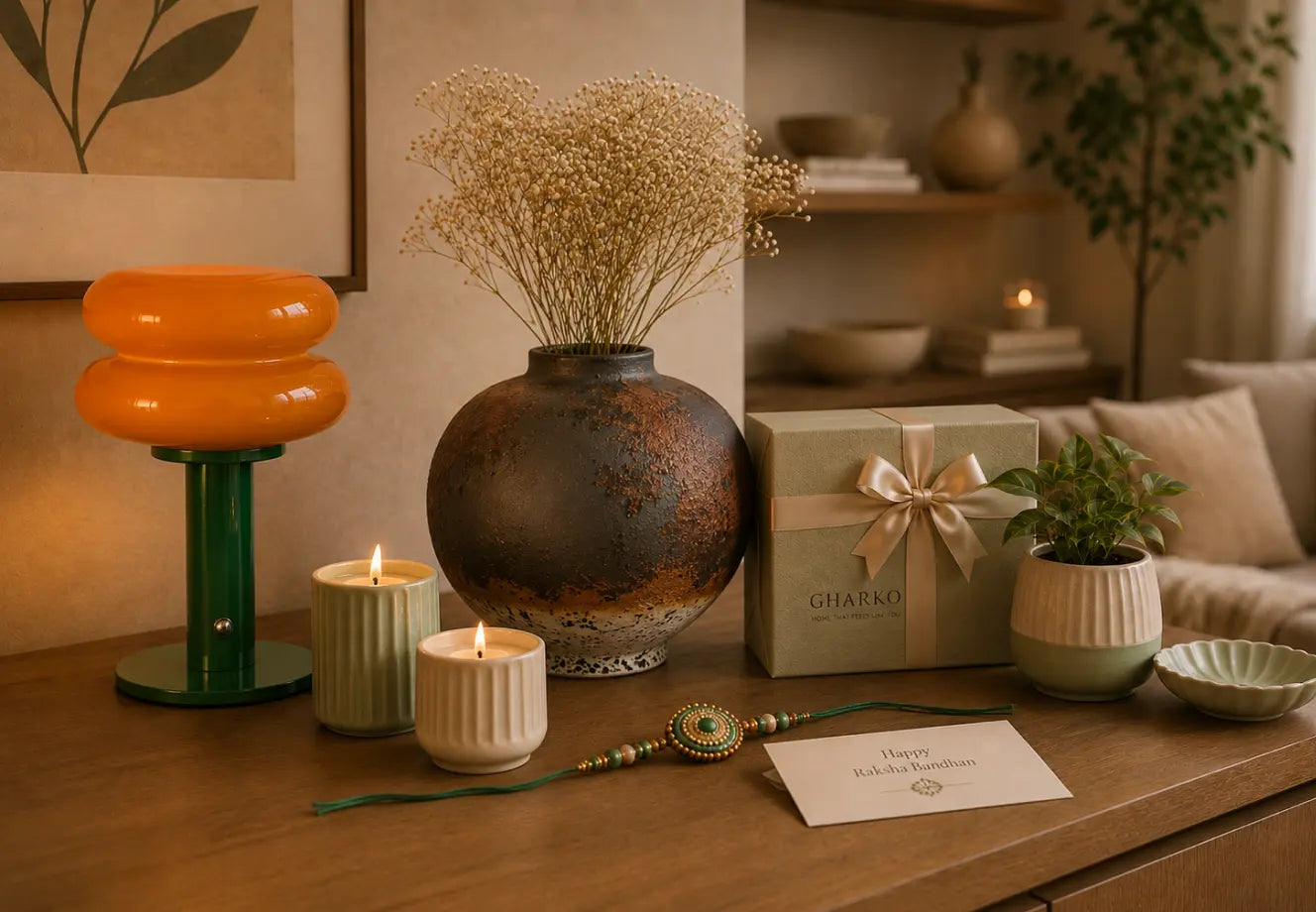 Premium home decor gifts for Raksha Bandhan with warm lighting and ceramic decor