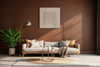 Modern abstract wall painting styled above sofa in warm, earthy living room decor