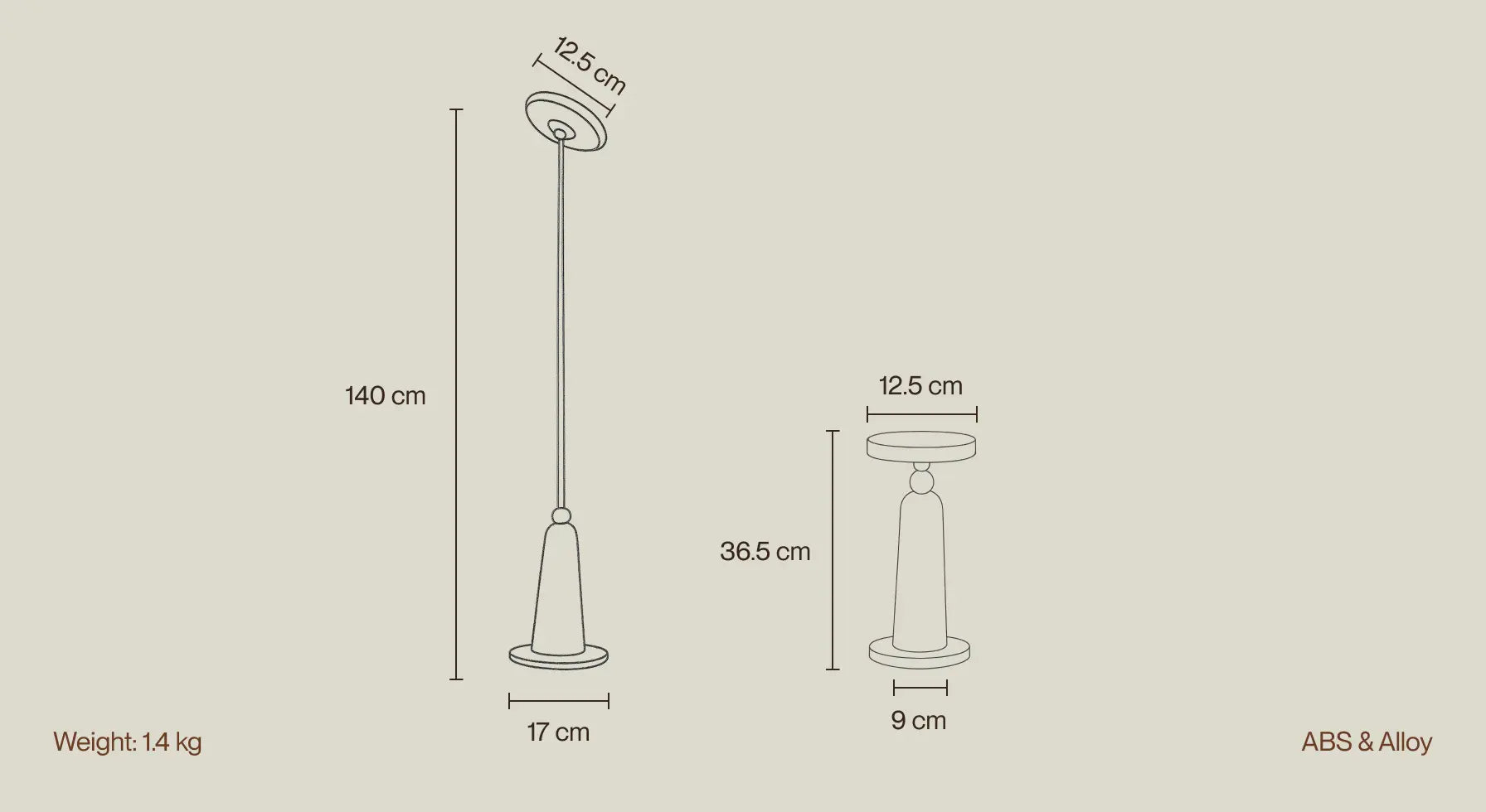 Size diagram of Gharko 3-in-1 Frisbee Retractable Lamp showing height, diameter and lightweight build.