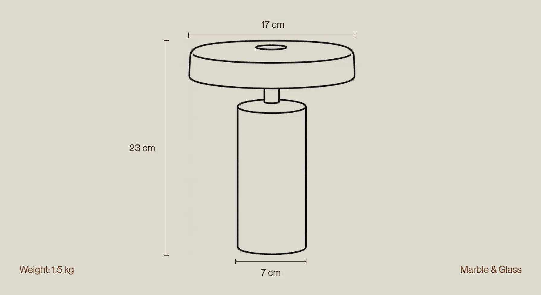 Line drawing of Alba Moss Marble Table Lamp showing size, height and dimensions