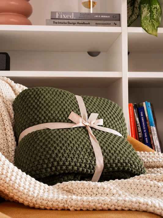Alpine Cotton Knitted Throw- Green