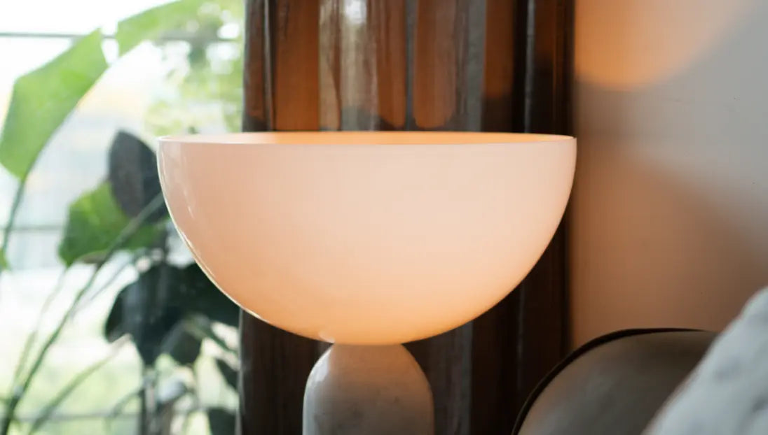 Arc Marble Table Lamp by window with sheer curtains and soft morning light, next to bed