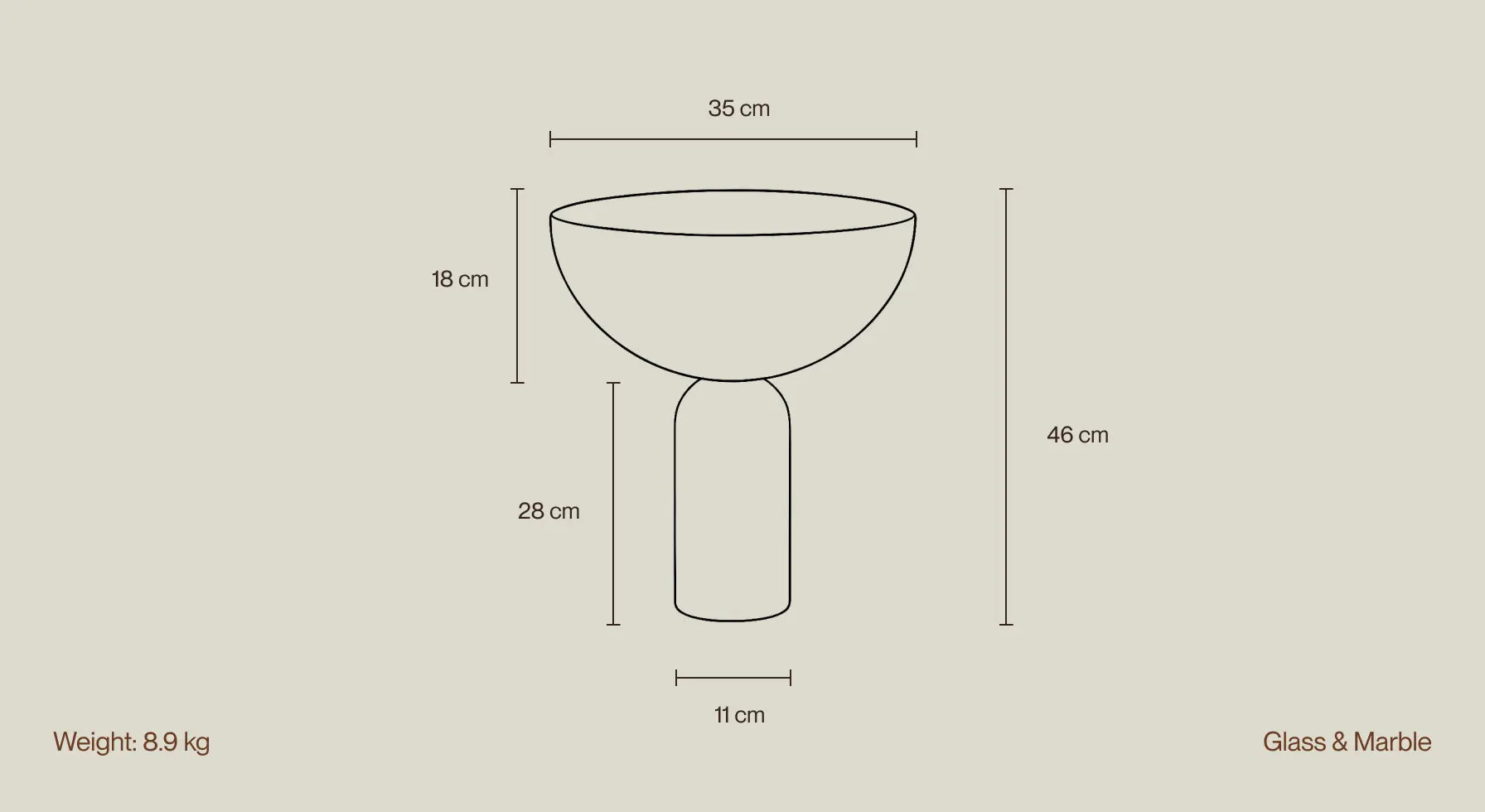 Dimensional graphic of the Arc Marble Table Lamp showing height, width, weight, and material details.