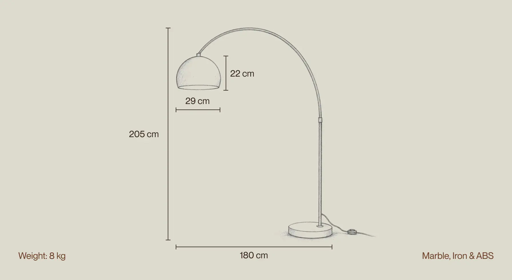Arco orange floor lamp dimensions with marble base and curved arc design details
