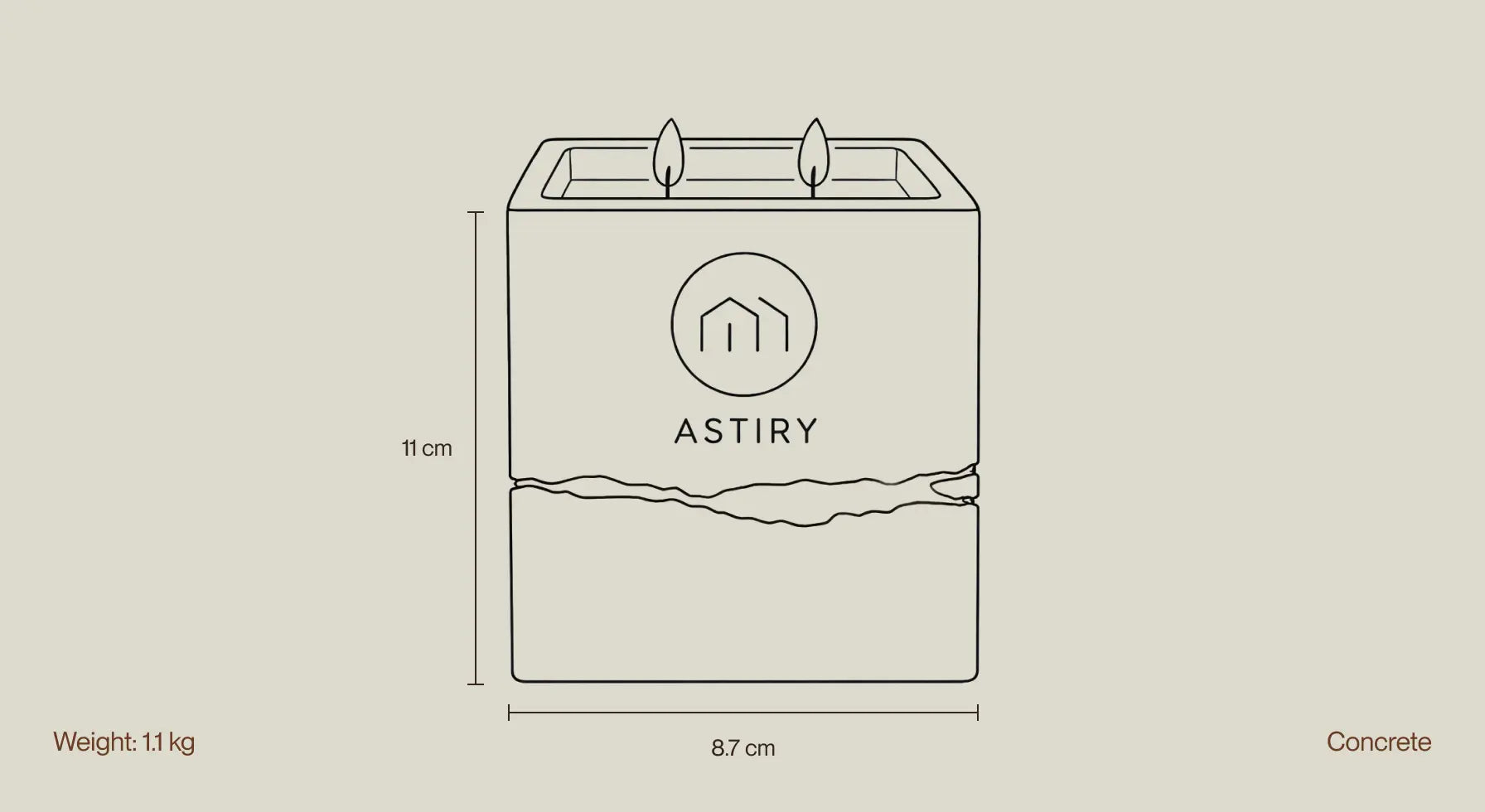 Astiry Concrete Scented Candle size chart, displaying dimensions of 8.7cm width and 11cm height with a weight of 1.1 kg.