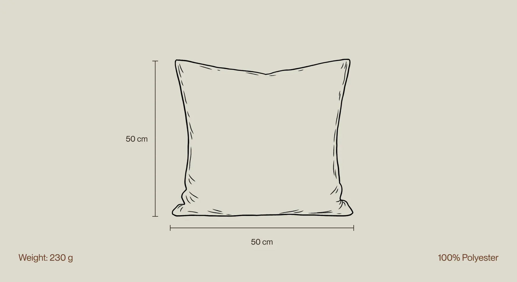 Boucle cushion cover size guide showing 50 x 50 cm square shape and lightweight build
