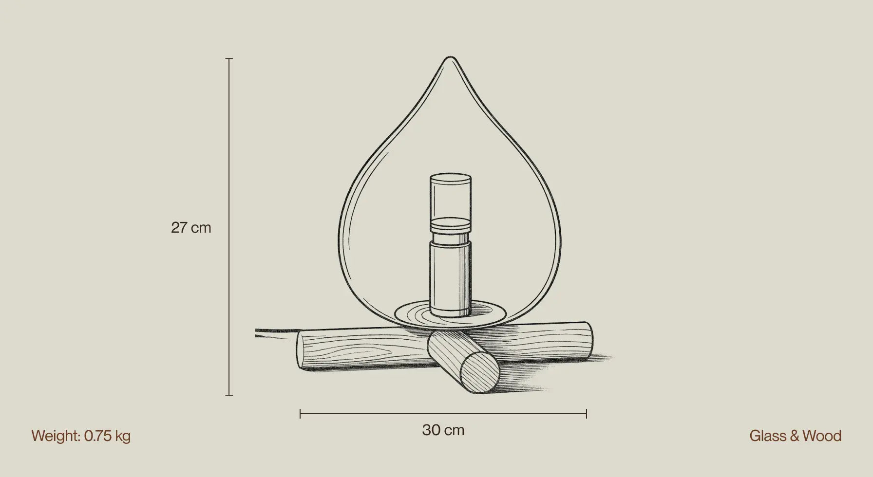 Measurement chart of a Campfire Glass Table Lamp with dimensions and weight on a beige background.