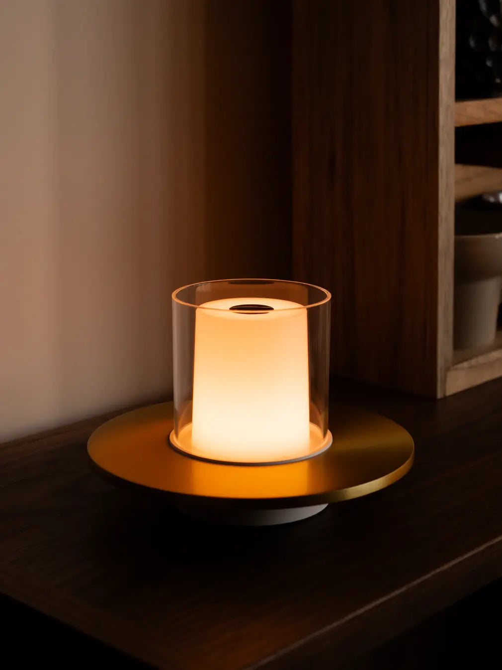 Candle Portable Table Lamp with warm ambient glow on wooden console table