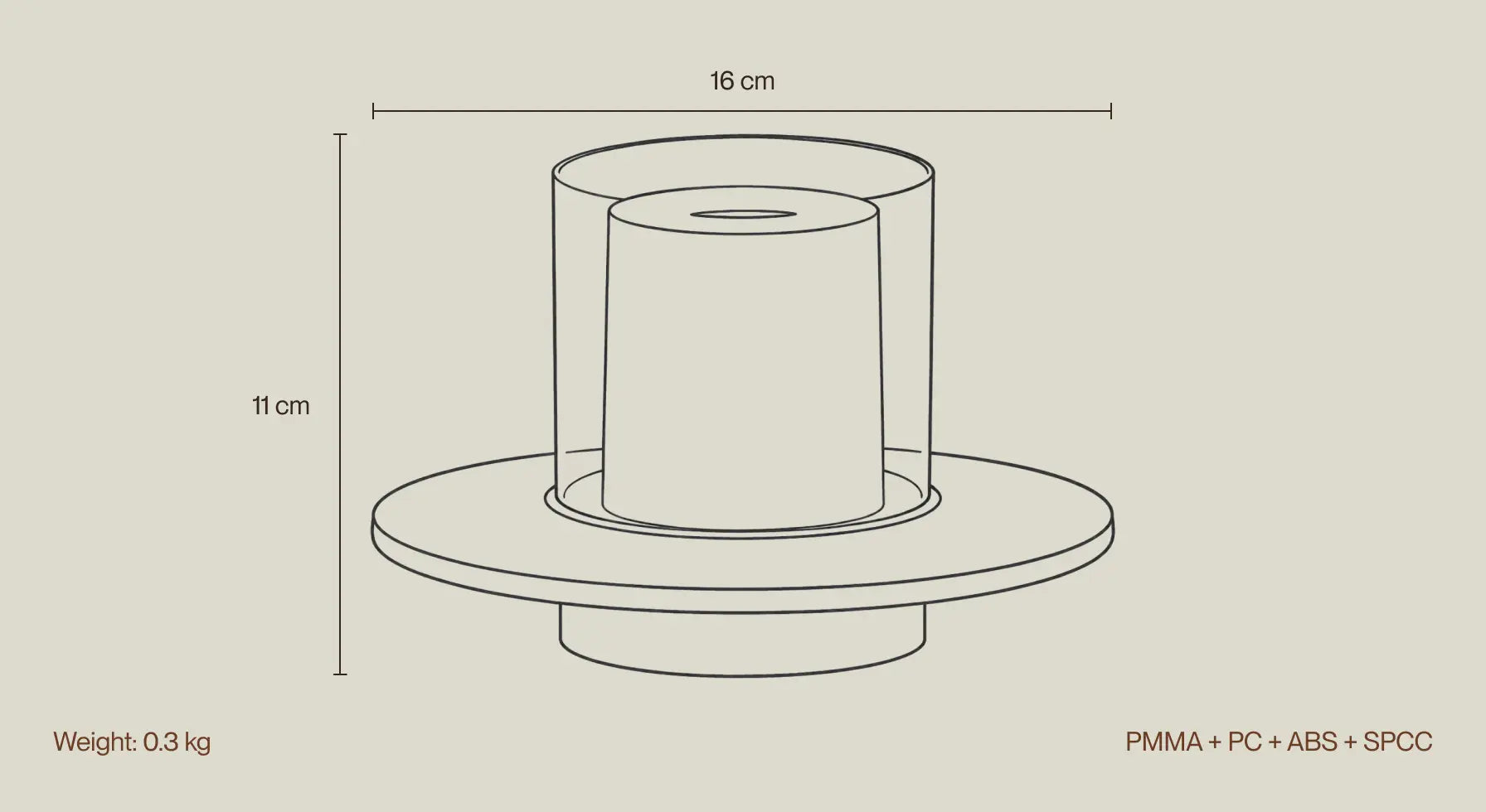 Candle portable table lamp dimensions and material detail graphic with 16 cm size illustration