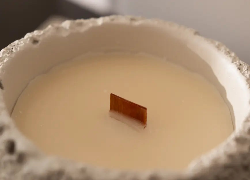 Top view of white Capri Concrete Candle showing clean soy wax and centered wood wick