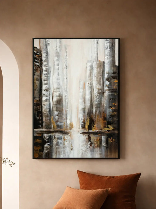 Hand-painted cityscape abstract wall painting styled in a modern living room