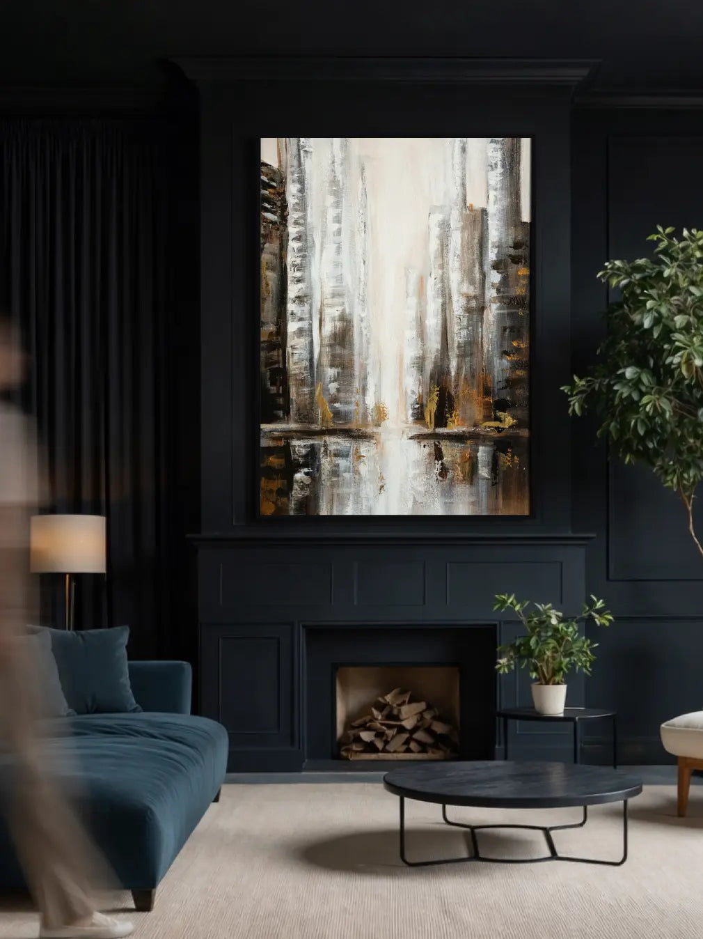 Vertical abstract cityscape wall art framed above fireplace in a dark interior