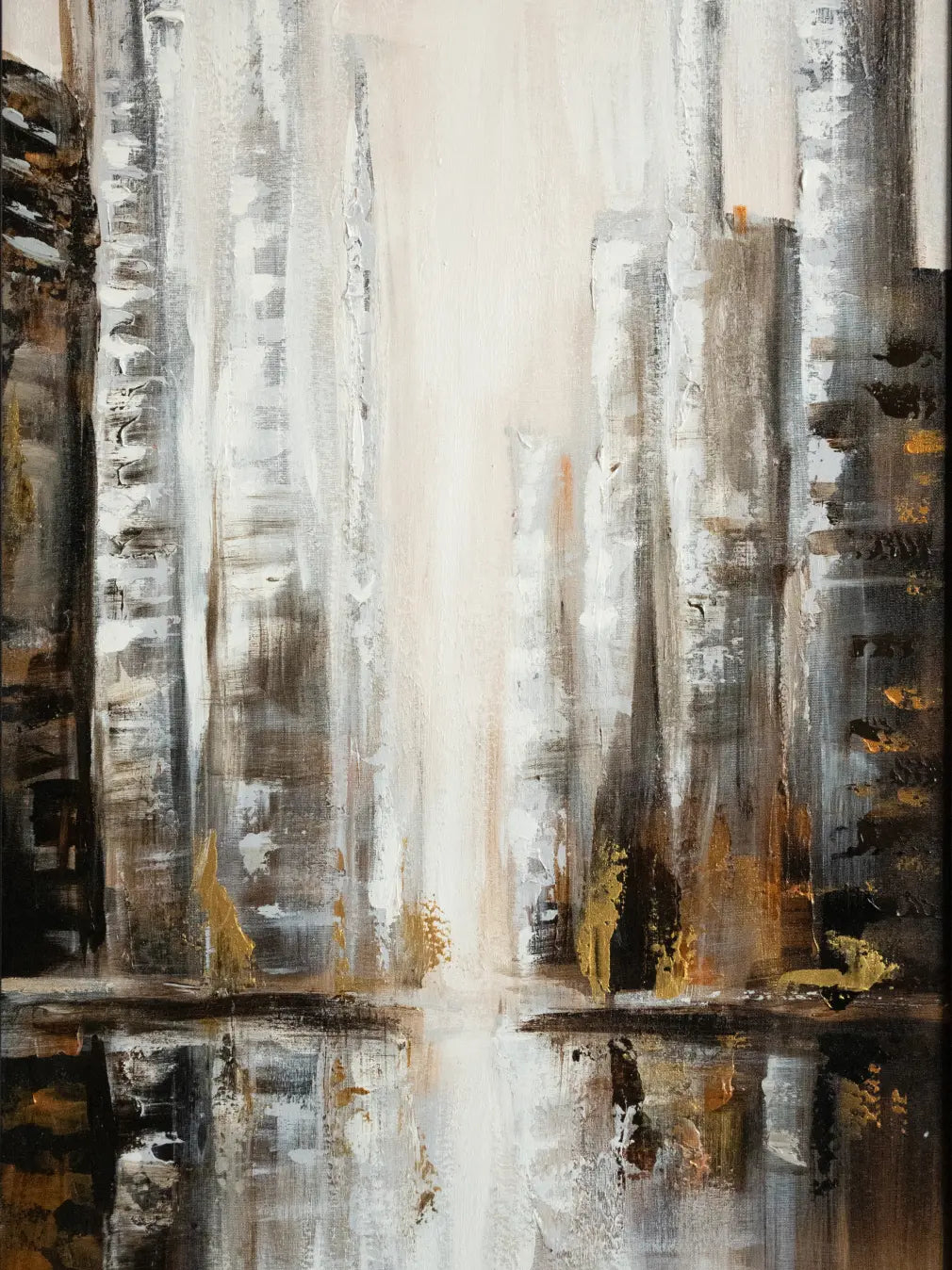 Close-up of acrylic oil textures on hand-painted abstract cityscape canvas