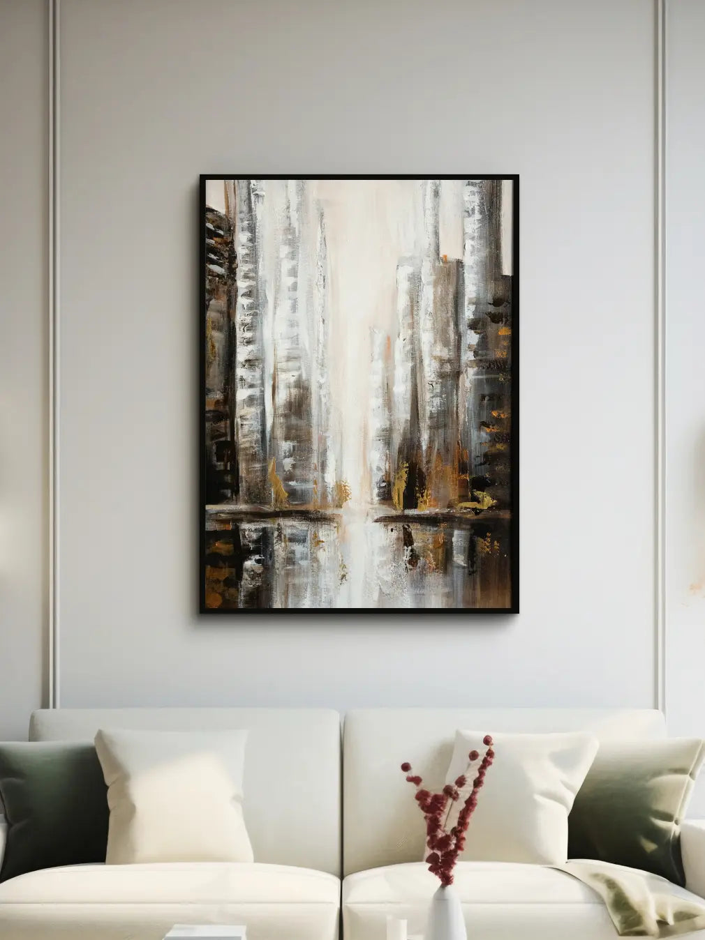 Modern cityscape abstract wall painting framed on a neutral wall above sofa