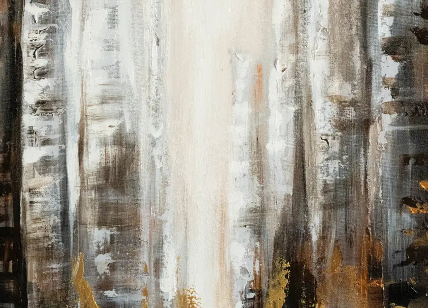 Close-up of hand-painted cityscape abstract wall art with acrylic oil textures