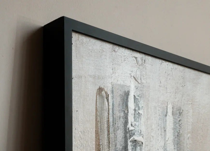 Gallery-ready abstract wall painting showing clean edges and black frame detail