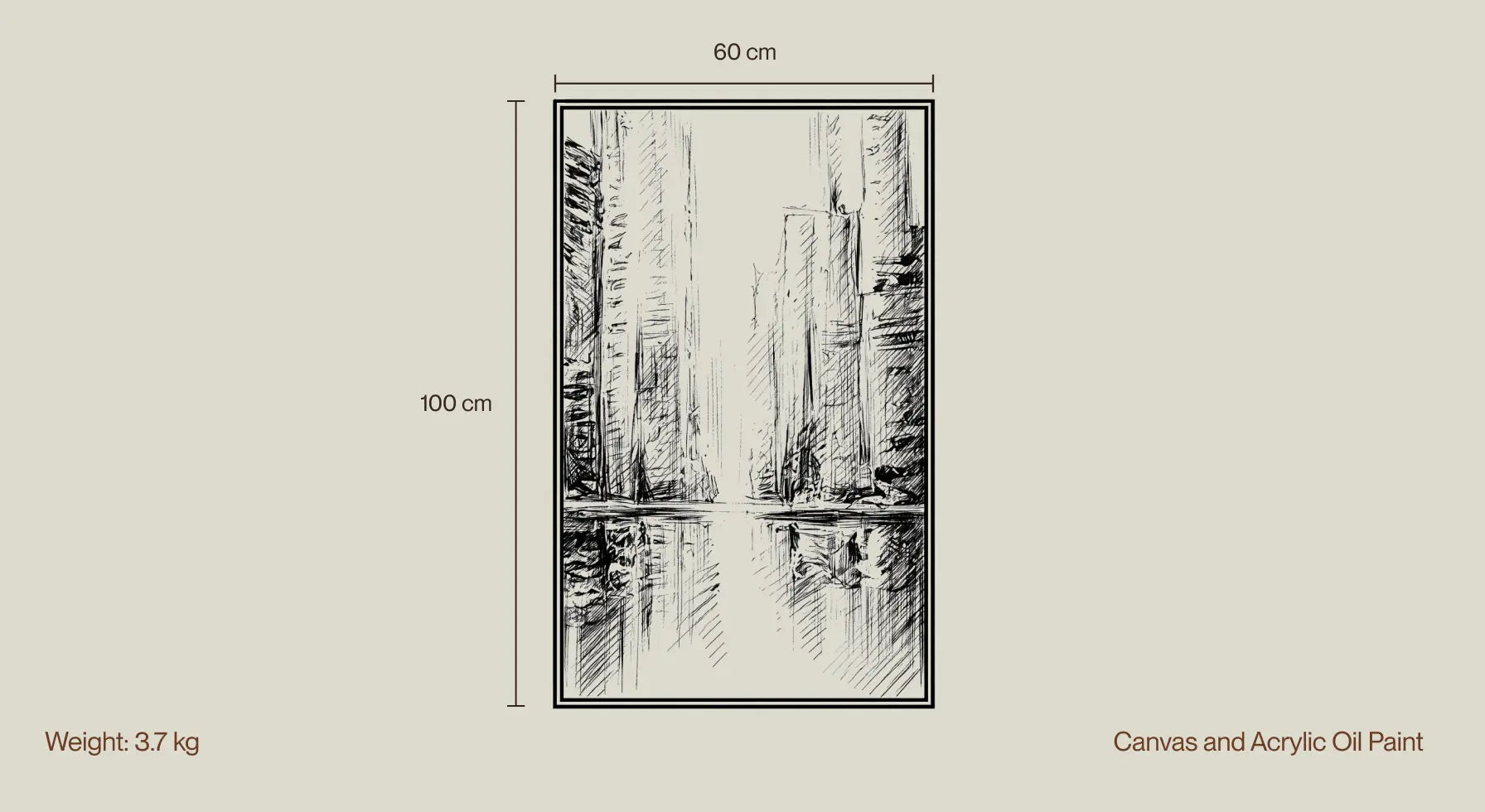 Cityscape abstract wall painting size guide showing 100x60 cm framed canvas art