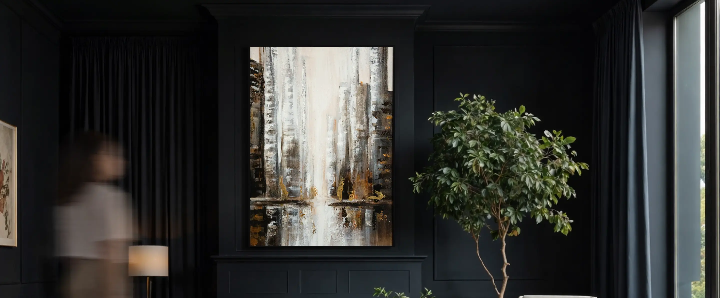 Large vertical cityscape abstract wall painting styled in a premium living space