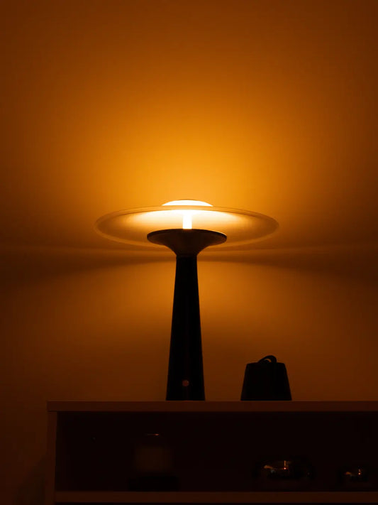 Warm LED glow from Disc Glass Table Lamp with frosted glass shade and black metal base