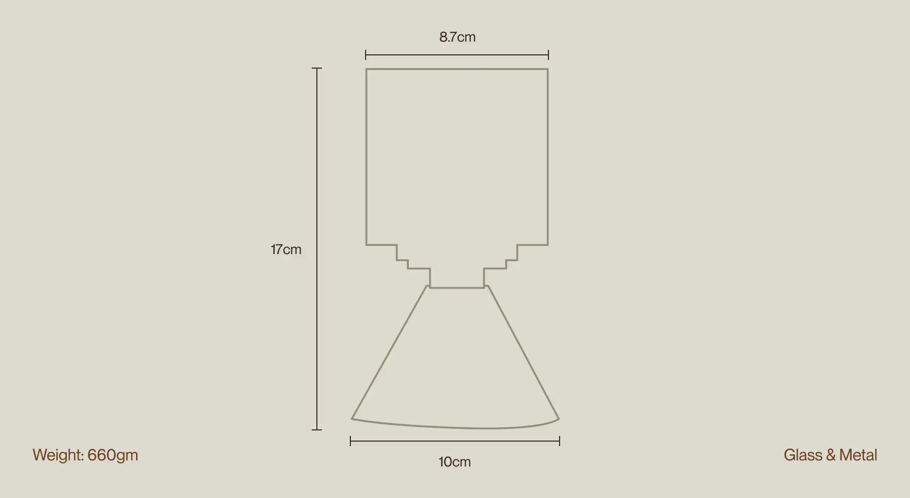 Dusk Table Lamp dimension diagram with 17cm height, 8.7cm width, 660g weight, and glass-metal construction.