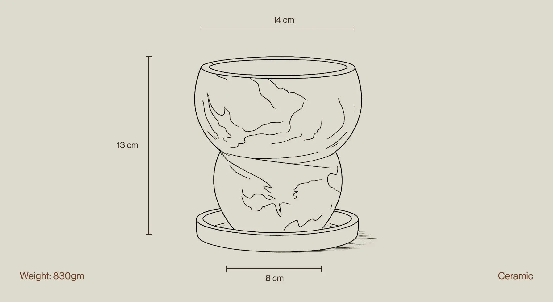 Ceramic planter with measurements on a beige background