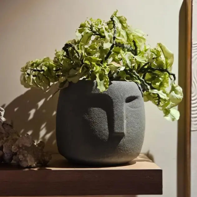 Decorative indoor planter with green foliage on a wooden surface