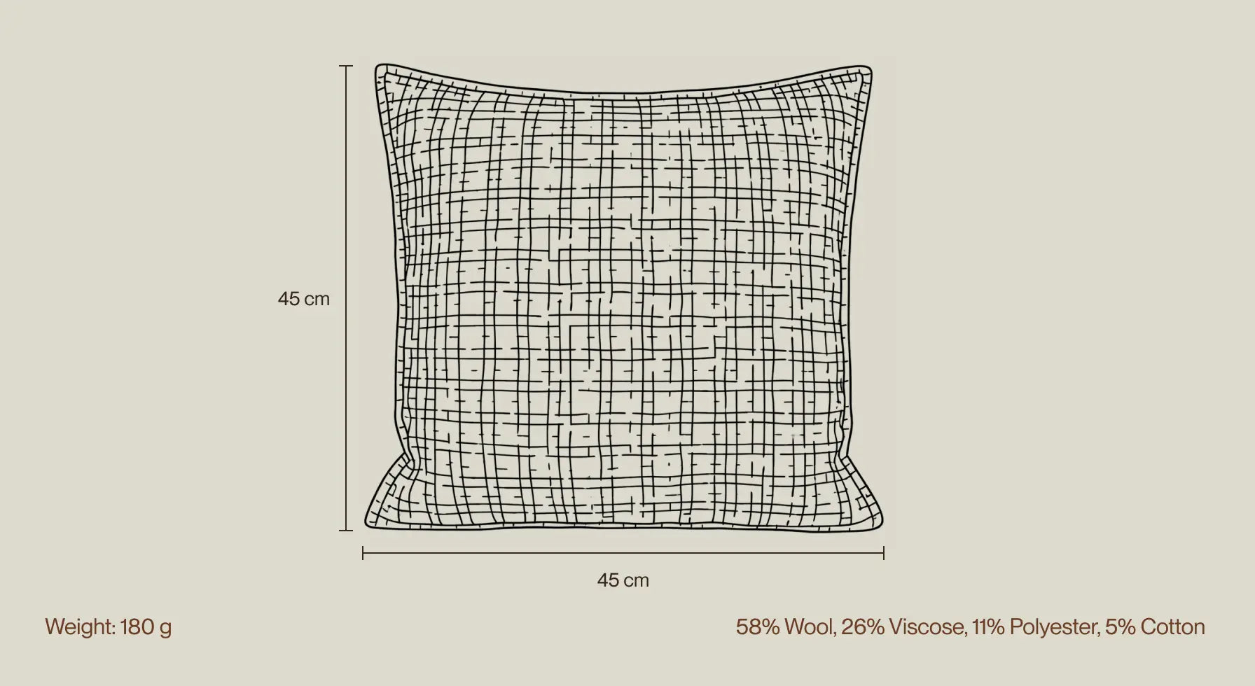 Fleck cushion cover size guide showing 45×45 cm dimensions and fabric details.