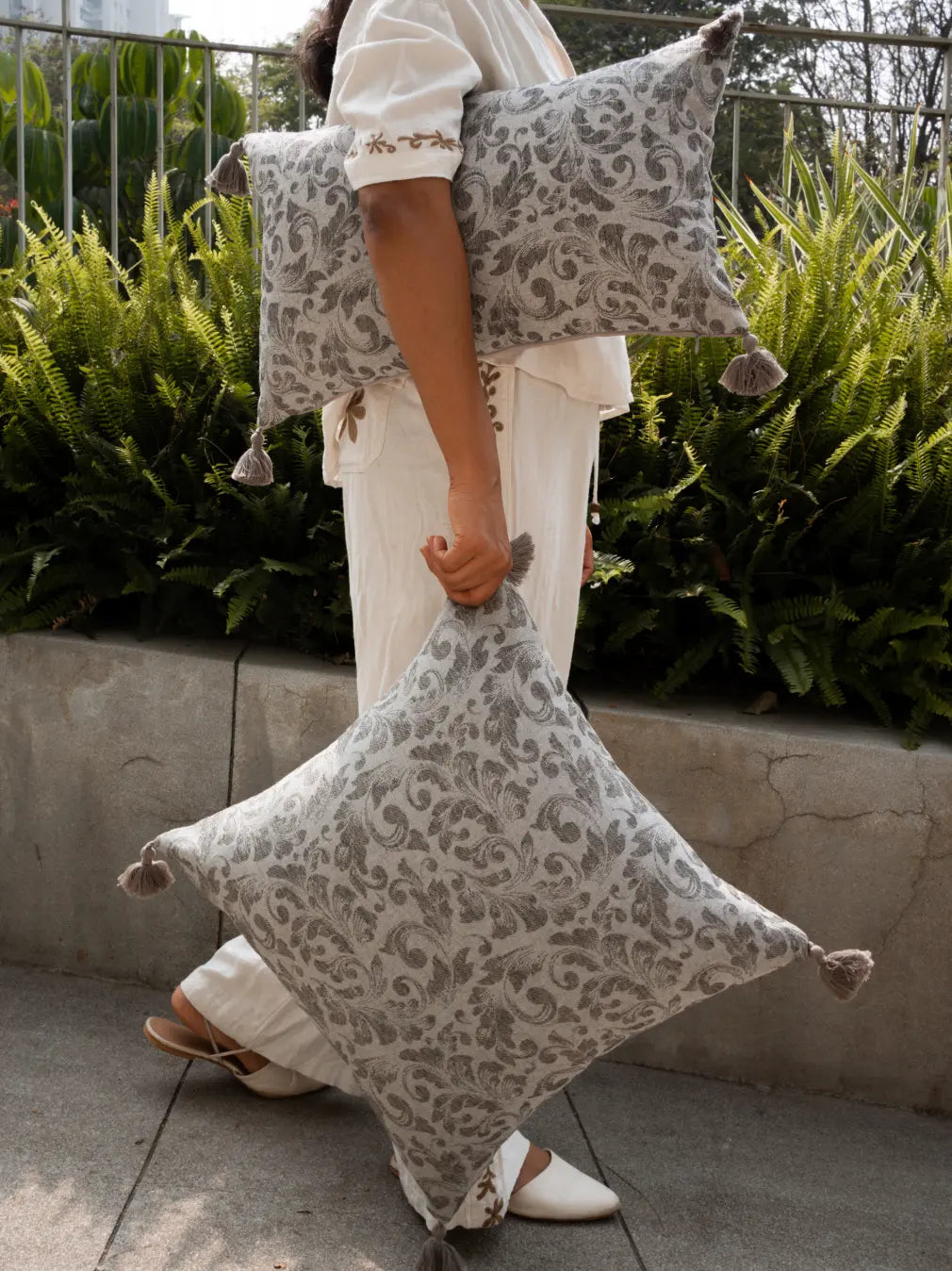 Cotton linen decorative cushion cover styled in modern living space outdoors