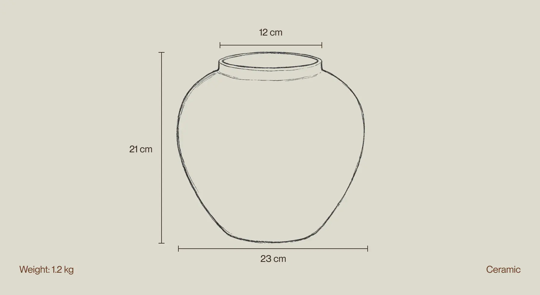 Gaia ceramic vase size guide showing height, diameter, and wide mouth details