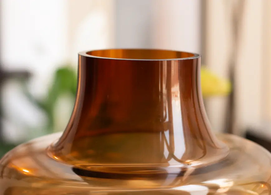 Close up neck of Halo Amber Glass Vase Large, smooth amber glass vase rim detail.