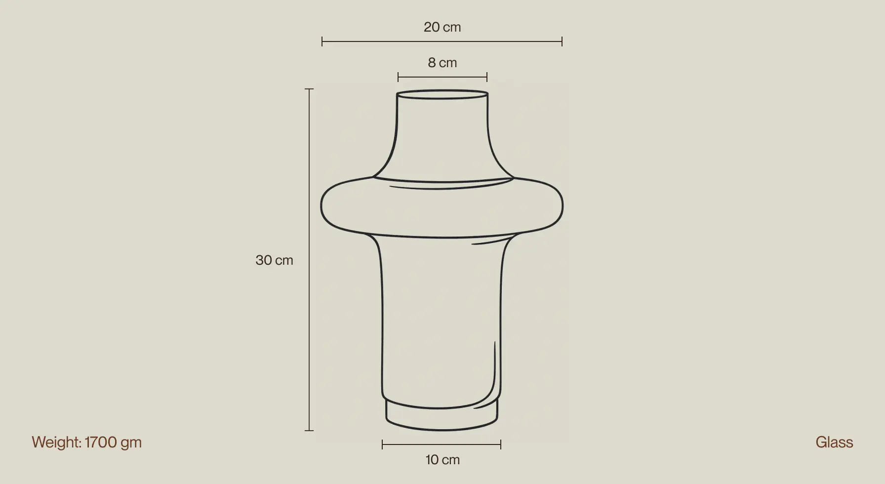 Dimension graphic of Halo Amber Glass Vase Large, 30 cm glass vase size and weight details.