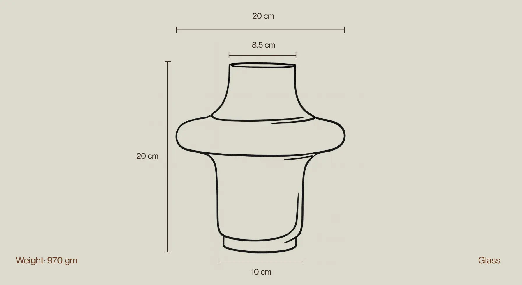 Size guide for Halo Amber Glass Vase Small showing height, diameter, weight and glass material.