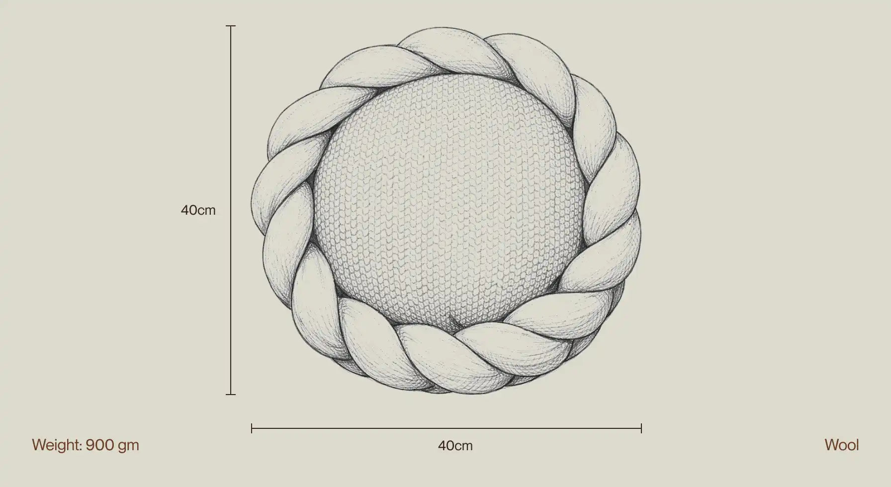 Size dimensions of the Halo Nest Cushion, illustrating its 40cm diameter and 900g weight.