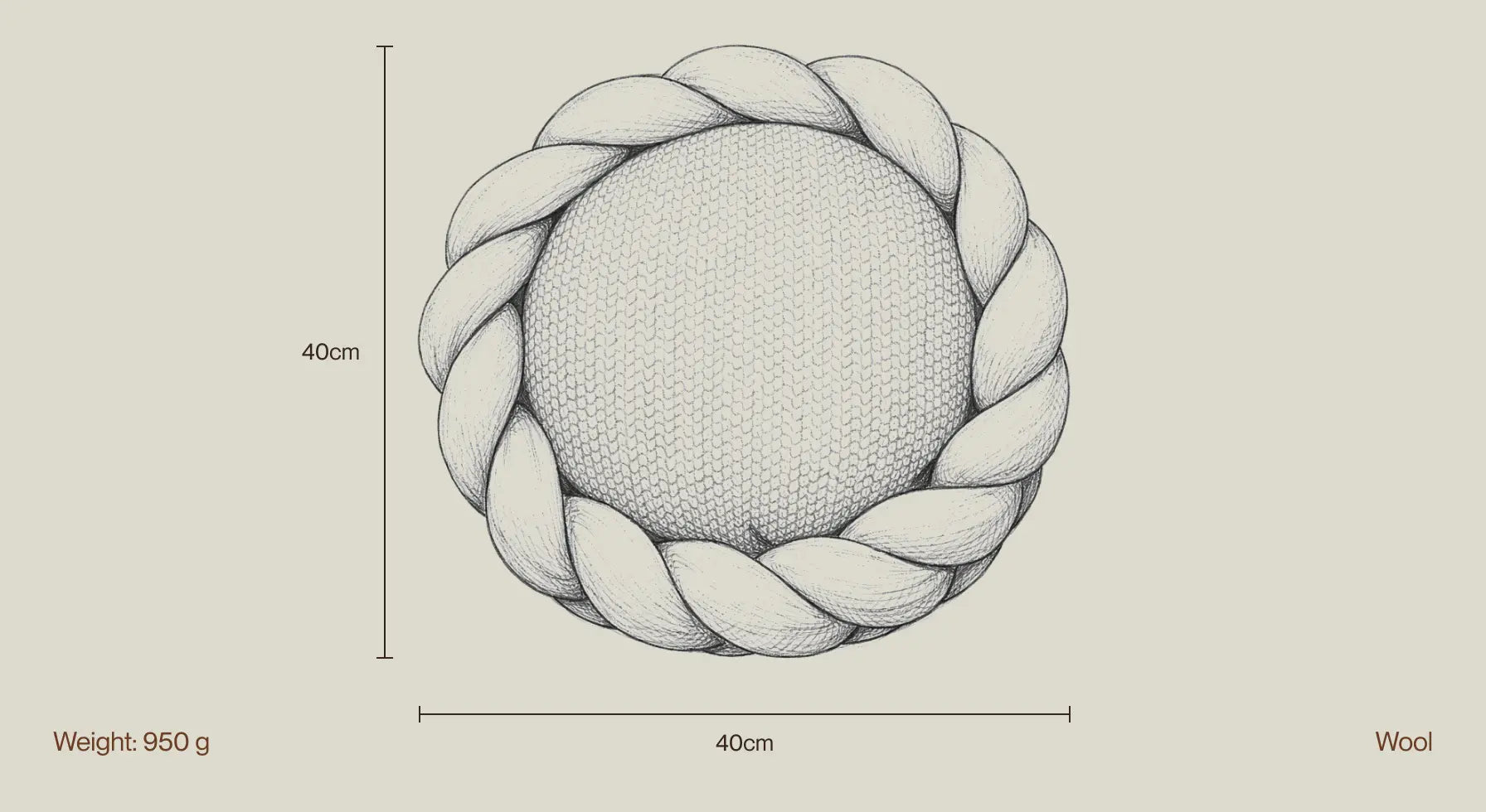 Halo Nest Cushion size diagram showing 40 cm diameter and wool material details