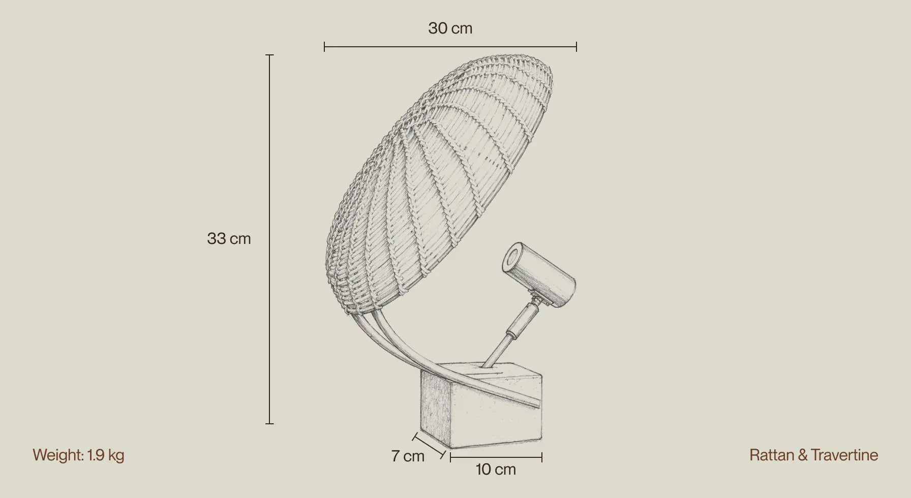 Helio rattan table lamp dimensions with travertine base, size guide and weight specification