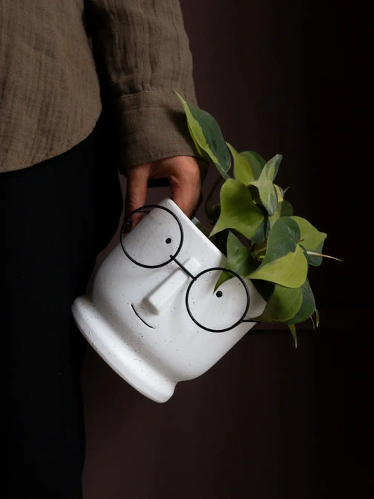 Jojo White Ceramic Planter with sculpted face and metal glasses, styled with green plant