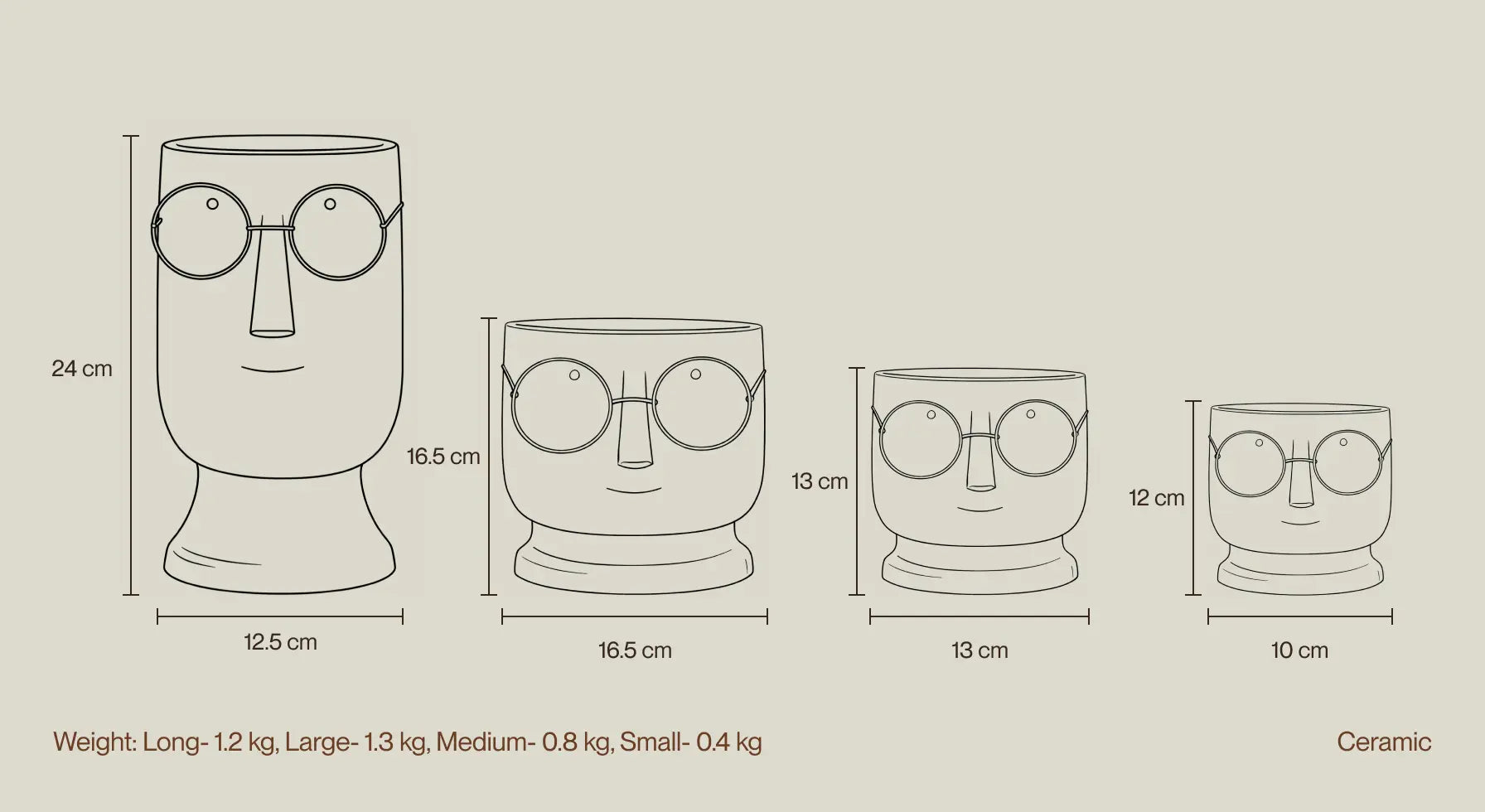 Jojo ceramic planter size guide showing four sizes with dimensions and weight