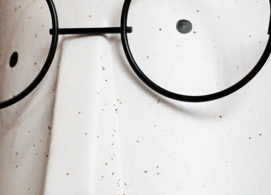 Close-up of Jojo ceramic planter showing grainy texture and metal glass detail